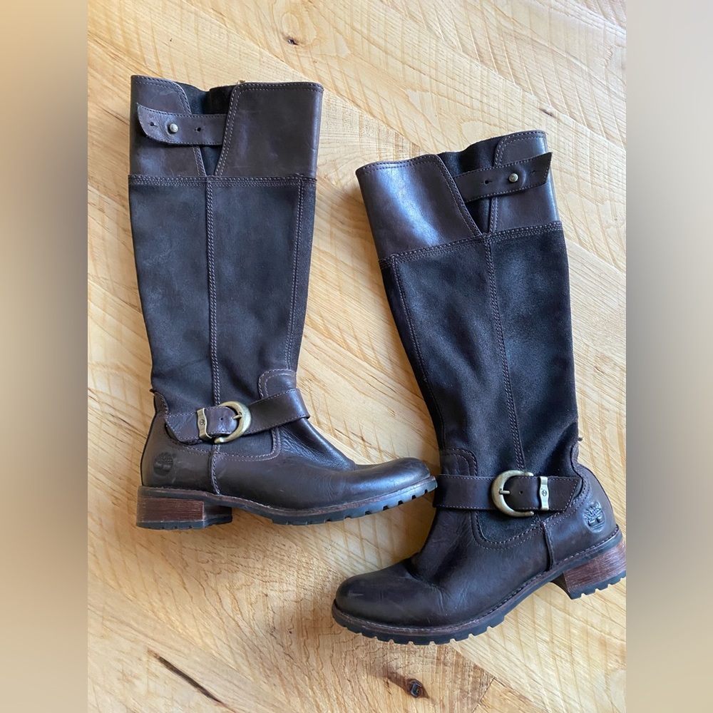 Timberland brown tall leather riding buckle boots